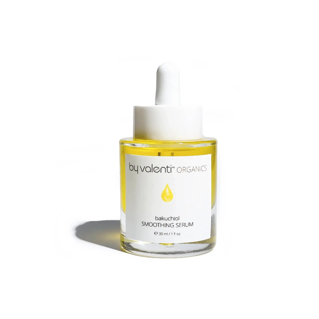 Bottle of By Valenti Organics Bakuchiol Smoothing Serum on a white background casting a strong shadow